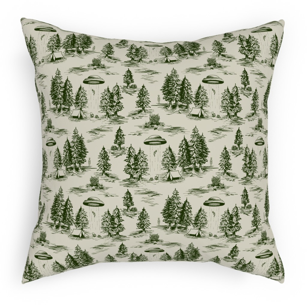 Alien Abduction Toile De Jouy - Forest Green & Cream Pillow, Woven, Black, 18x18, Single Sided, Green, Classic Green