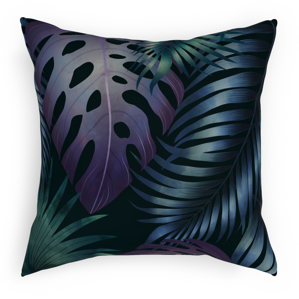 Tropical Leaves in the Moonlight - Dark Pillow, Woven, Black, 18x18, Single Sided, Blue