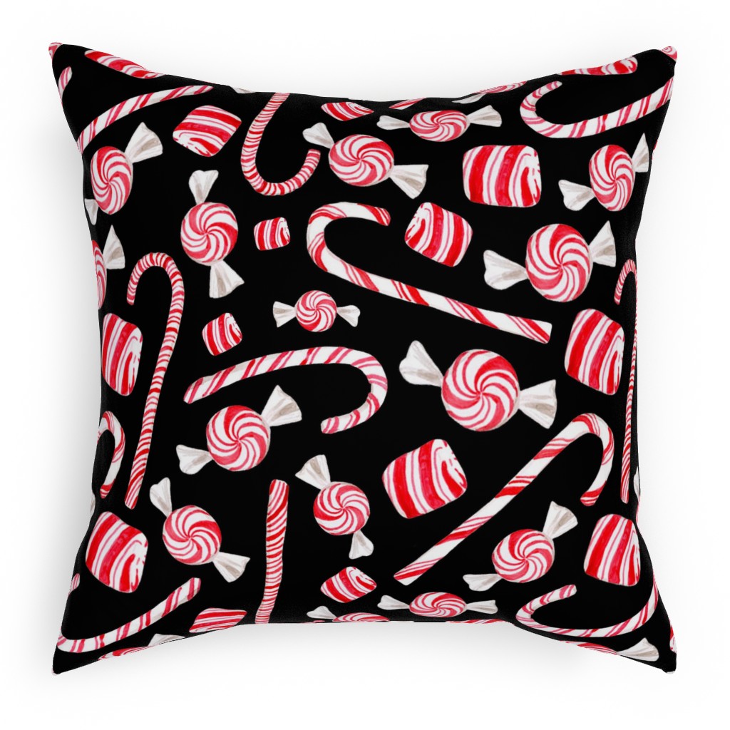 Christmas Candy Canes - Black Pillow, Woven, Black, 18x18, Single Sided, Red