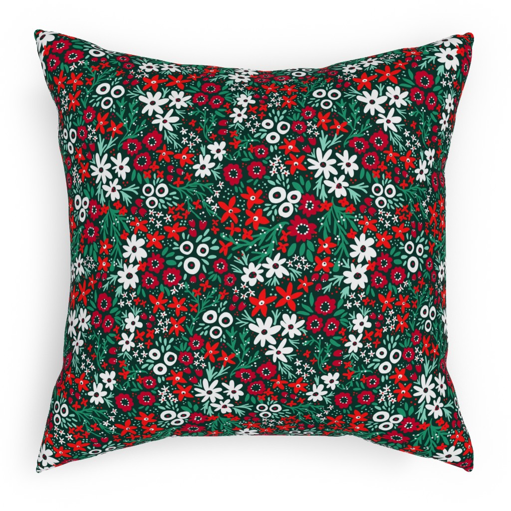 Rustic Floral - Holiday Red and Green Pillow, Woven, Black, 18x18, Single Sided, Green