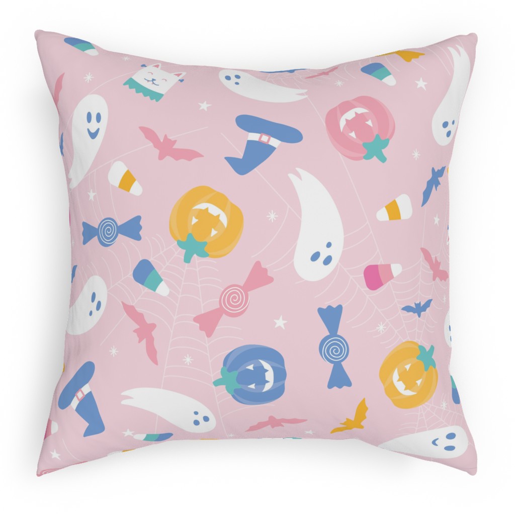 Happy Ghosts and Candy Corn - Pastel Pillow, Woven, Black, 18x18, Single Sided, Pink