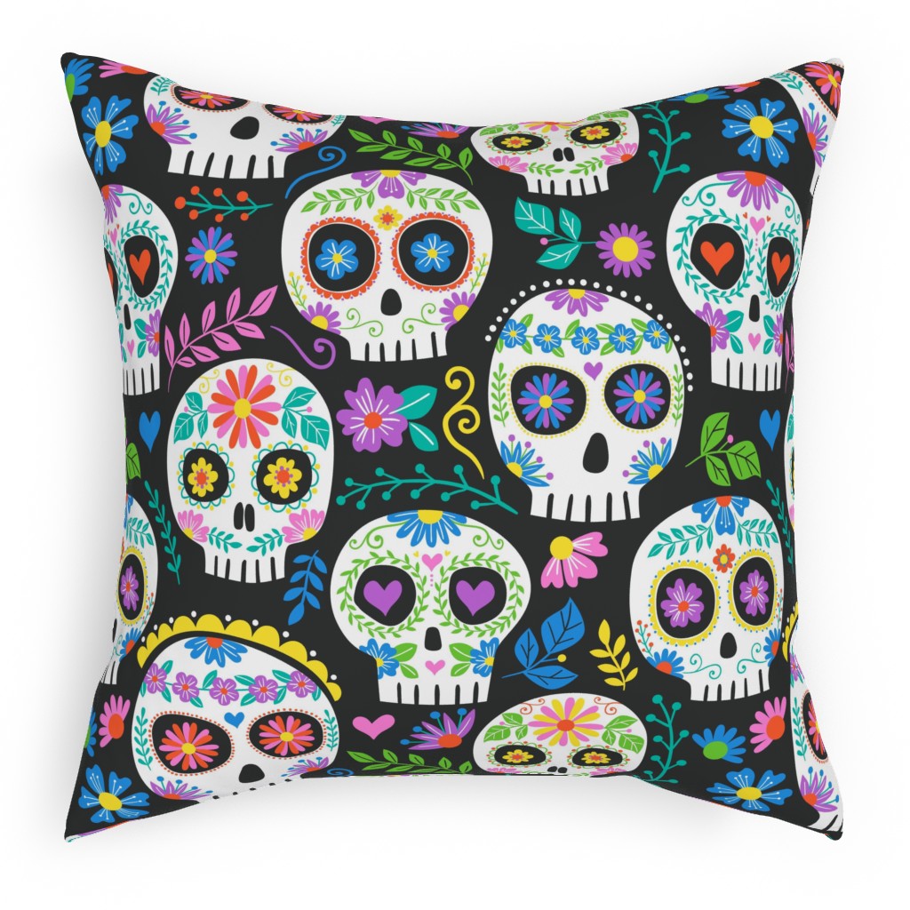 Floral Skull - Multi Pillow, Woven, Black, 18x18, Single Sided, Multicolor