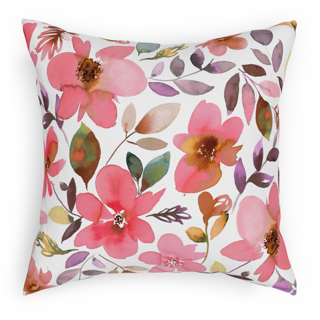 Summery Watercolor Flowers - Coral Pink Pillow, Woven, Black, 18x18, Single Sided, Pink