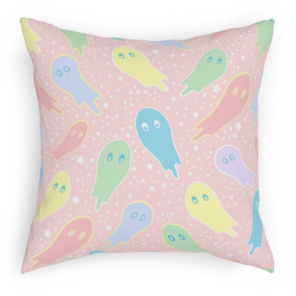 Pastel Ghosts on Pink Pillow, Woven, Black, 18x18, Single Sided, Multicolor