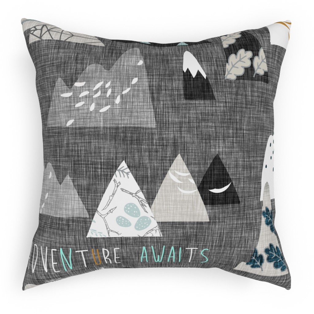 Adventure Awaits - Gray Pillow, Woven, Black, 18x18, Single Sided, Gray