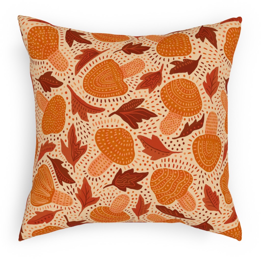 Autumn Mushrooms and Fallen Leaves Pillow, Woven, Black, 18x18, Single Sided, Orange, Orange