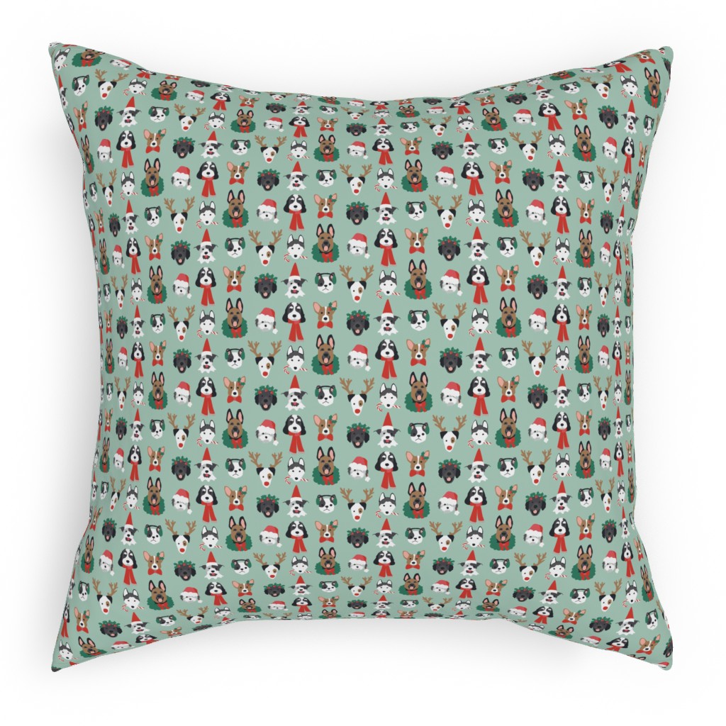 Christmas Holiday Puppy Dogs - Green Pillow, Woven, Black, 18x18, Single Sided, Green, Classic Green