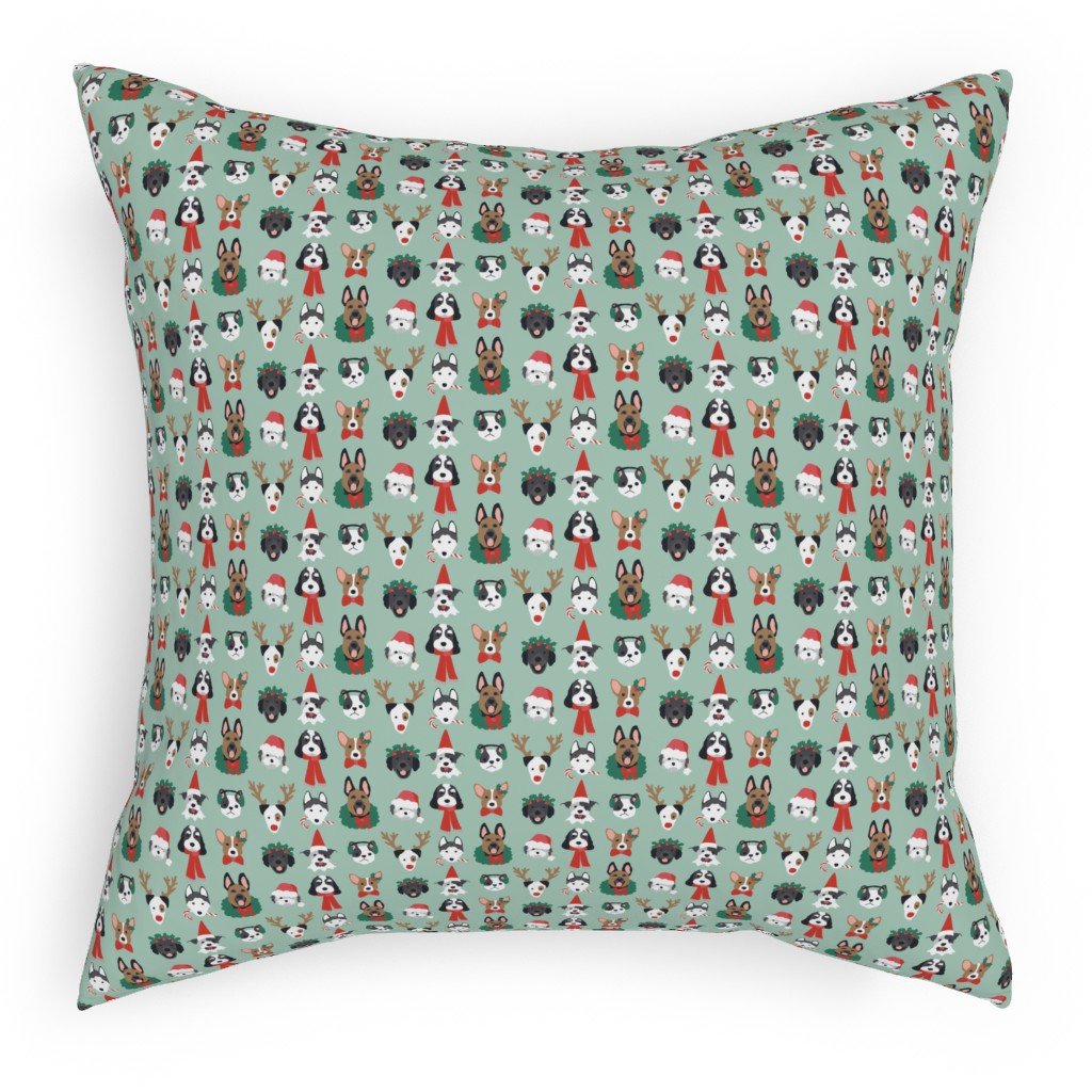 Christmas Holiday Puppy Dogs - Green Pillow, Woven, Black, 18x18, Single Sided, Green