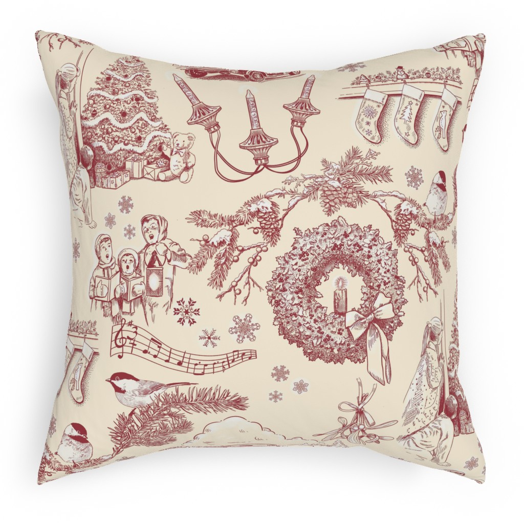 Holiday Traditions Toile - Red on Cream Pillow, Woven, Black, 18x18, Single Sided, Red