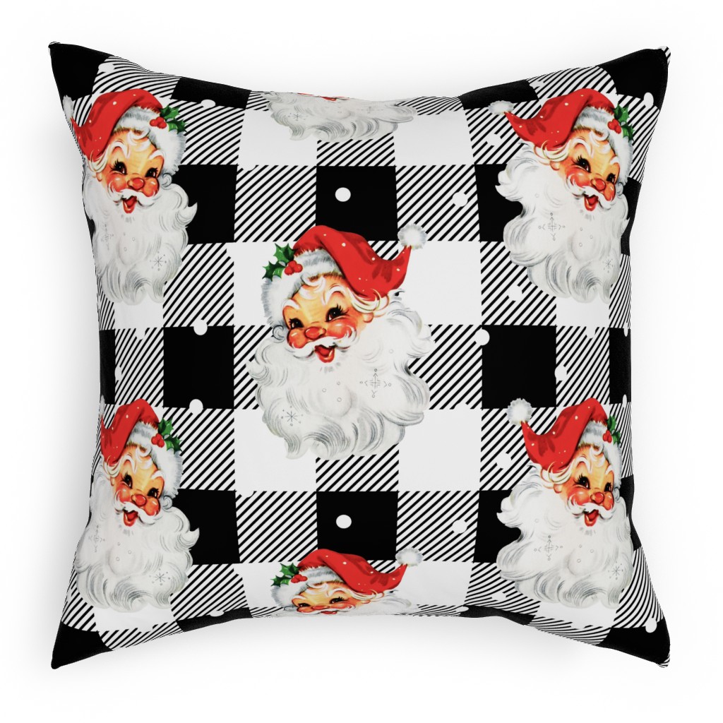 Jolly Retro Santa and Plaid - Black and White Pillow, Woven, Black, 18x18, Single Sided, Multicolor