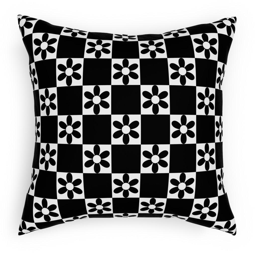 Daisy Checkerboard Pillow, Woven, Black, 18x18, Single Sided, Black