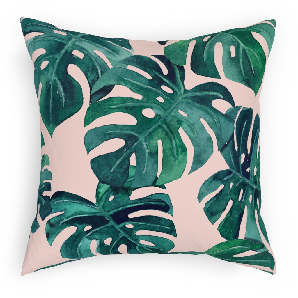 Watercolor Monstera Leaves - Green on Blush Pink Pillow, Woven, Black, 18x18, Single Sided, Green, Classic Green