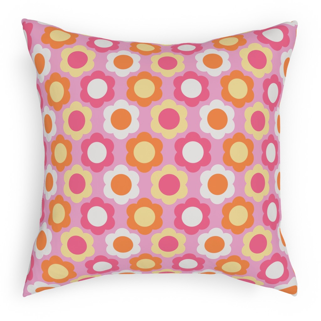 Retro Geometric Flowers - Pink and Orange Pillow, Woven, Black, 18x18, Single Sided, Pink, Bright Pink