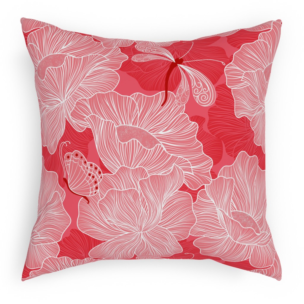 Floral & Butterflies on Scarlet Pillow, Woven, Black, 18x18, Single Sided, Pink