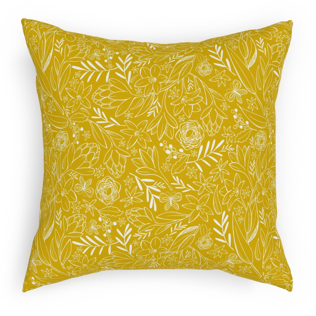 Botanical Floral Sketchbook - Yellow Pillow, Woven, Black, 18x18, Single Sided, Yellow