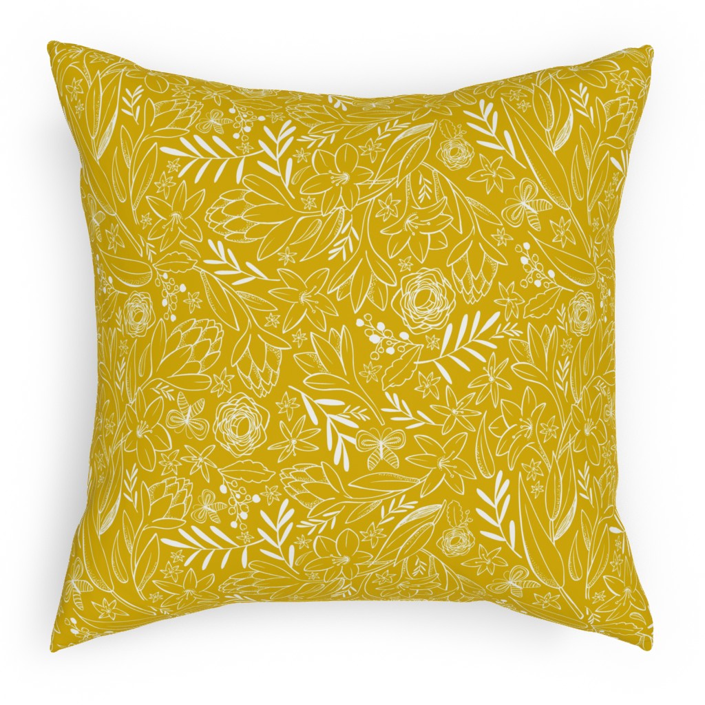 Botanical Floral Sketchbook - Yellow Pillow, Woven, Black, 18x18, Single Sided, Yellow, Classic Yellow