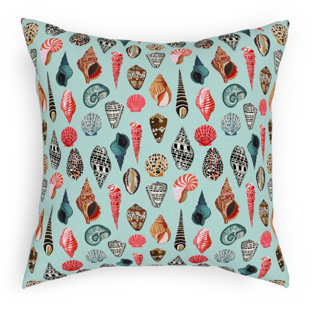 Seashells Beach Summer - Mint Pillow, Woven, Black, 18x18, Single Sided, Multicolor