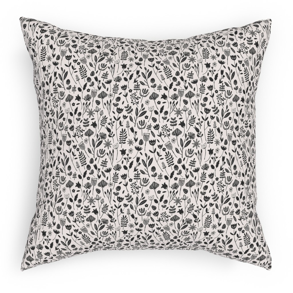 Folk Botanical Print - Neutral Pillow, Woven, Black, 18x18, Single Sided, Beige