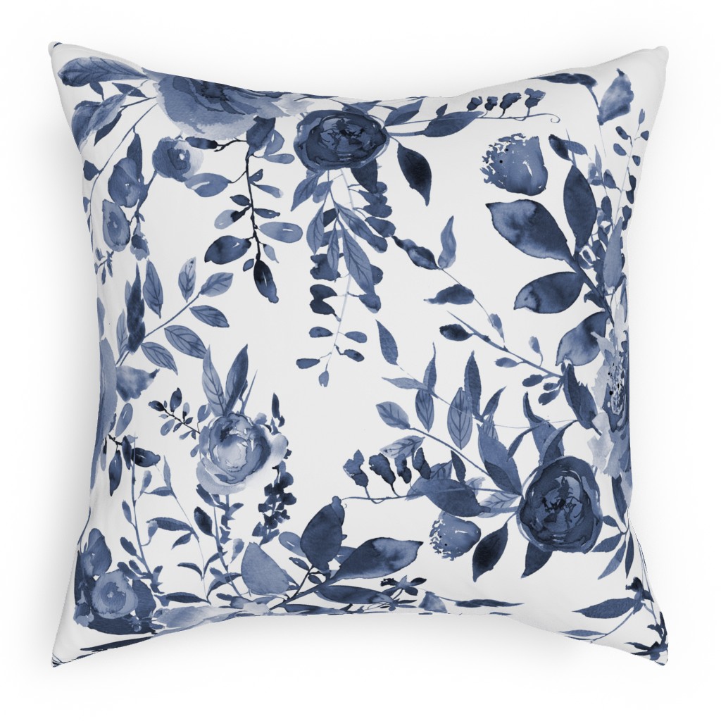 Blue and White Florals - Indigo Pillow, Woven, Black, 18x18, Single Sided, Blue, True Blue
