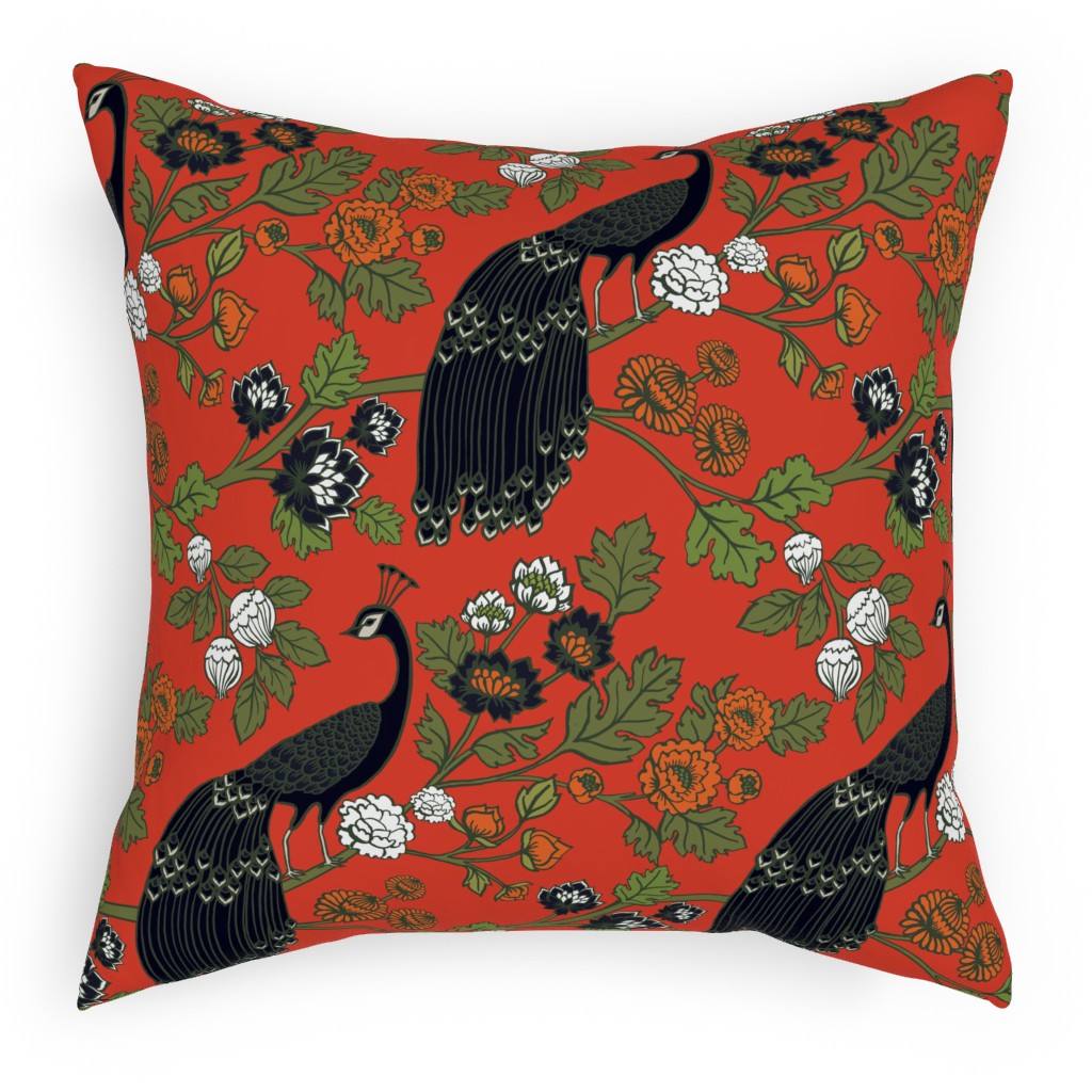 Peacock Garden - Red Pillow, Woven, Black, 18x18, Single Sided, Red, Red