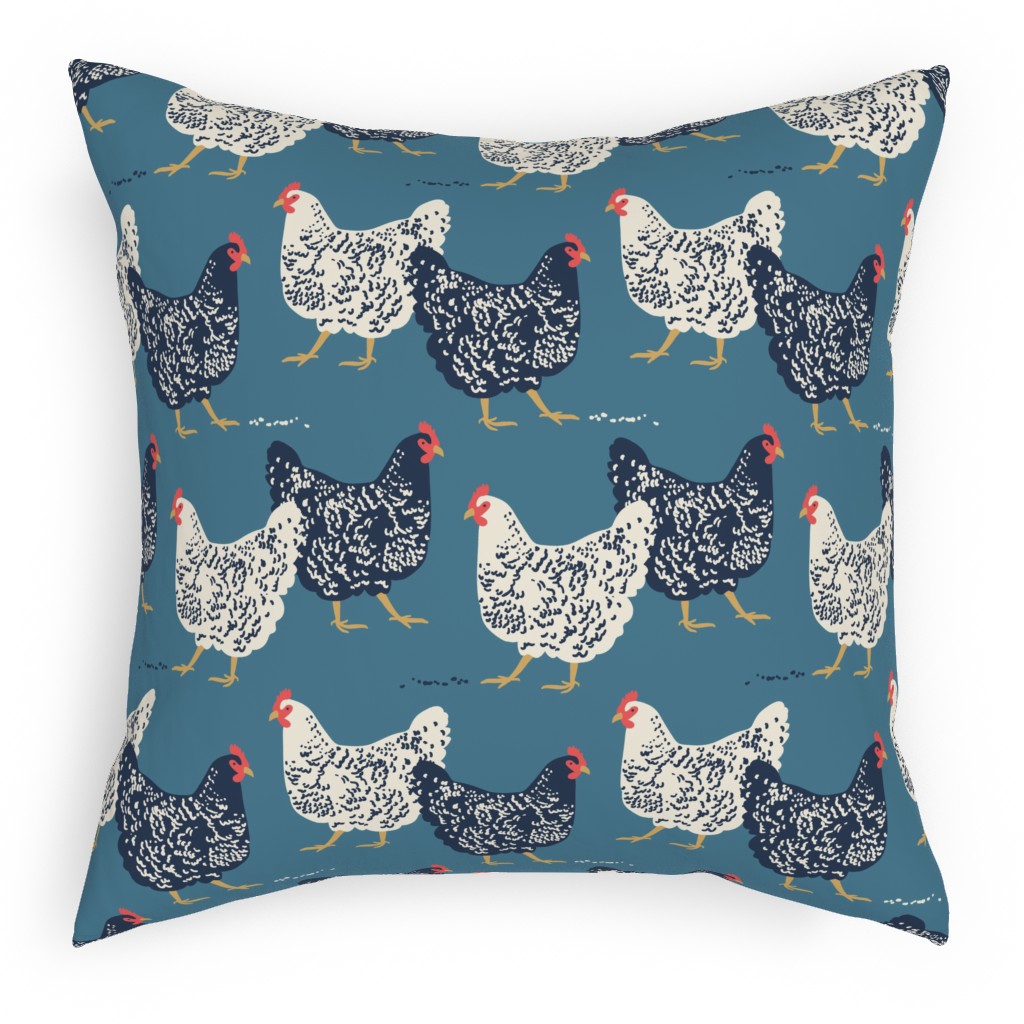Farmhouse Chickens on Blue Pillow, Woven, Black, 18x18, Single Sided, Blue, True Blue