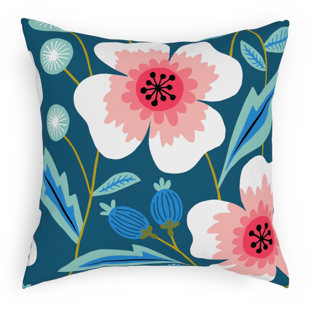 Colorful Spring Flowers - Pink on Blue Pillow, Woven, Black, 18x18, Single Sided, Green, Classic Green