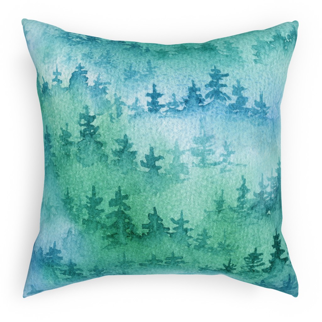 Foggy Forest - Blue and Green Pillow, Woven, Black, 18x18, Single Sided, Green