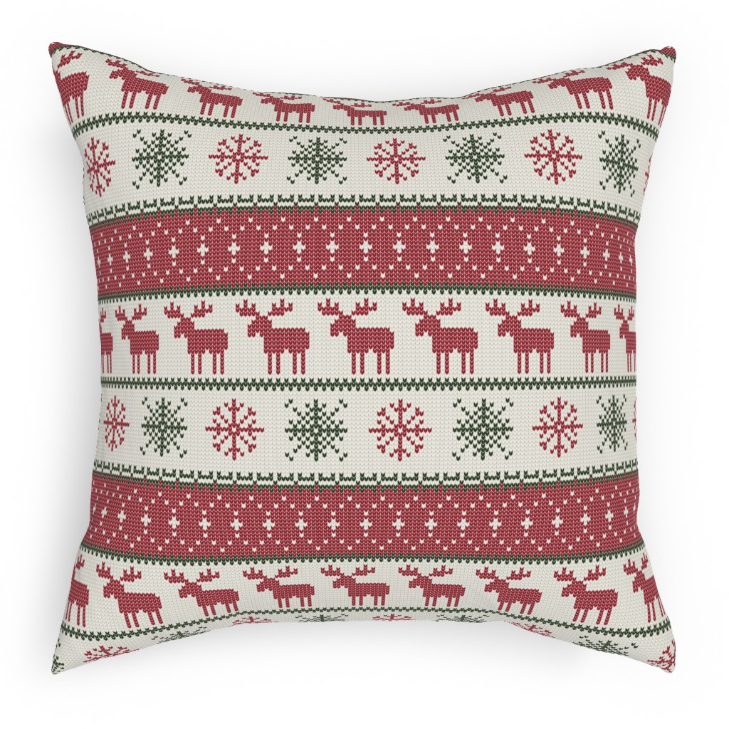 Fair Isle Moose - Red, Green and Cream Pillow, Woven, Black, 18x18, Single Sided, Multicolor