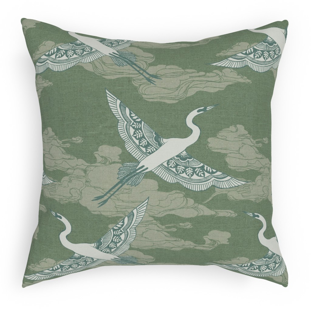 Egrets - Green Pillow, Woven, Black, 18x18, Single Sided, Green, Classic Green