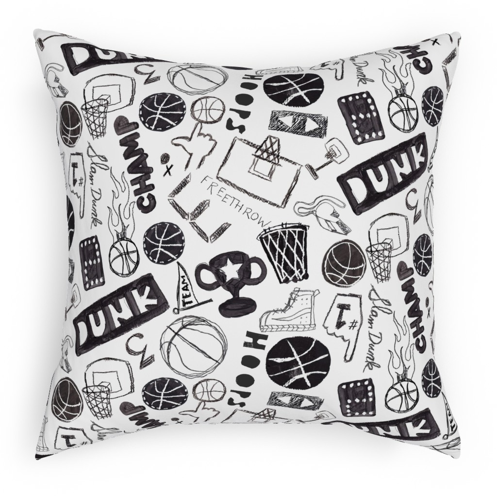 Basketball - Black and White Pillow, Woven, Black, 18x18, Single Sided, White, White