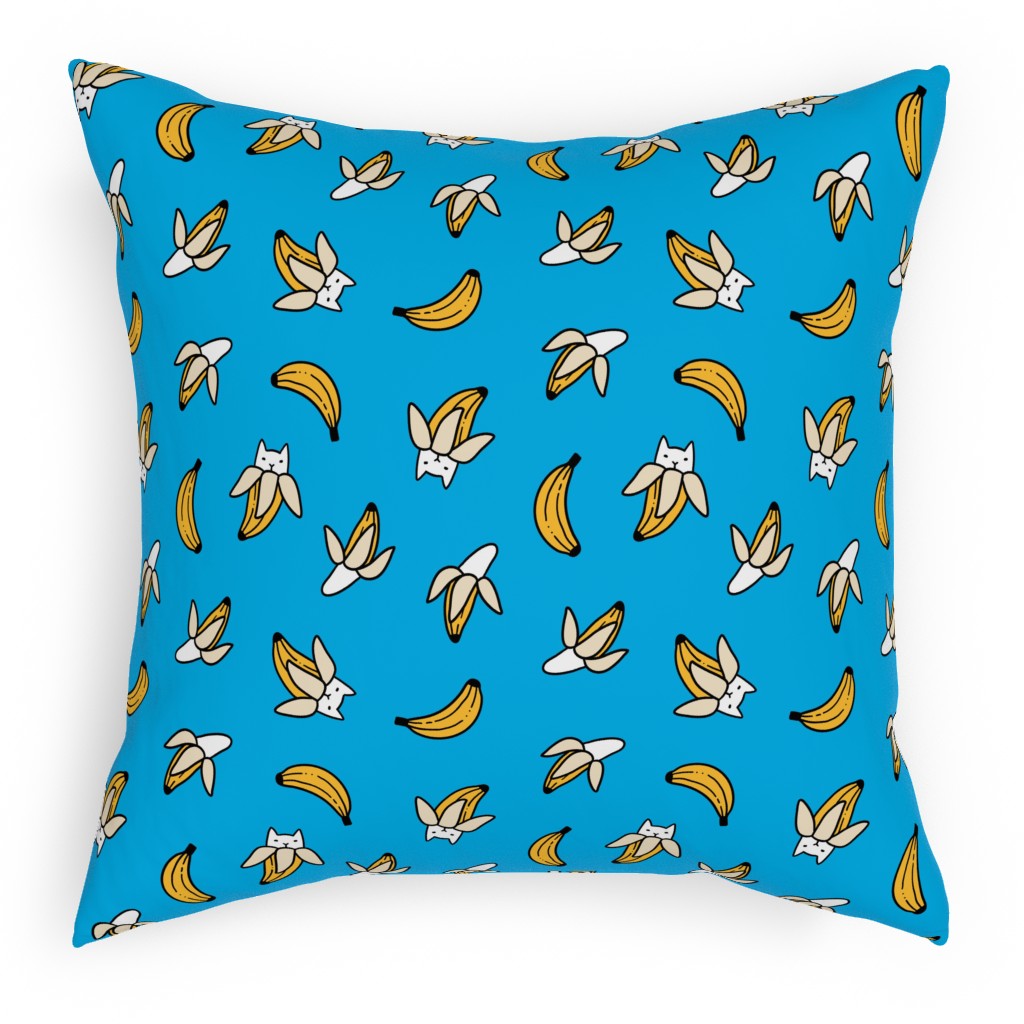 Funny Yummy Banana Cats - Blue Pillow, Woven, Black, 18x18, Single Sided, Blue