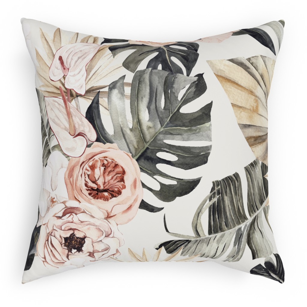 Paradise Palm, Peonies, and Tropical Plants - Multi Pillow, Woven, Black, 18x18, Single Sided, Multicolor