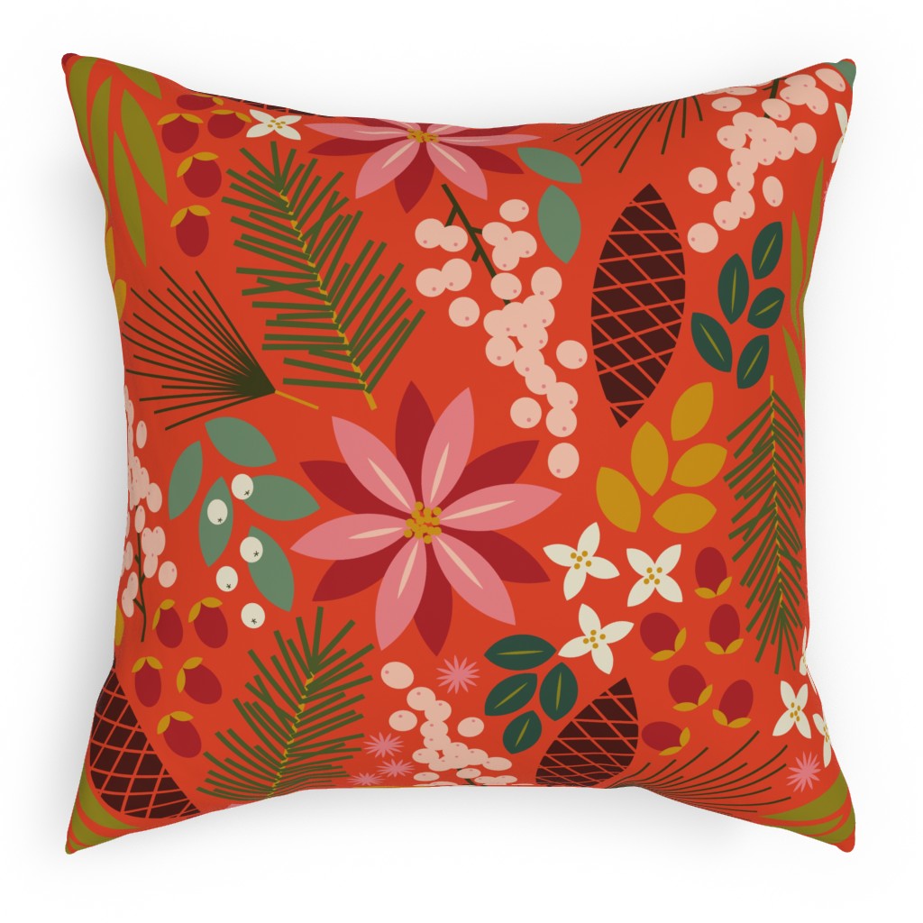 Pinecones and Berries - Red Pillow, Woven, Black, 18x18, Single Sided, Red