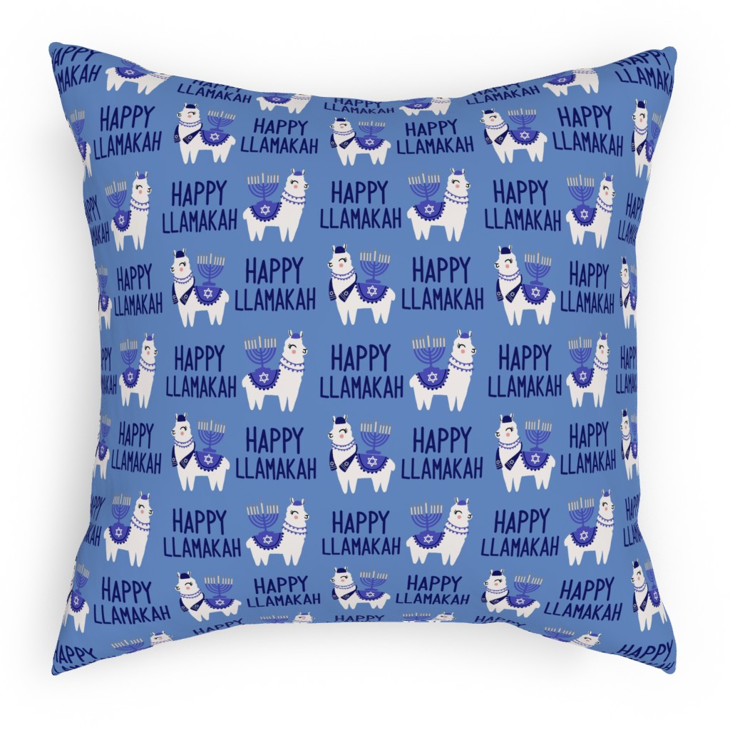 Happy Llamakah on Blue Pillow, Woven, Black, 18x18, Single Sided, Blue, True Blue