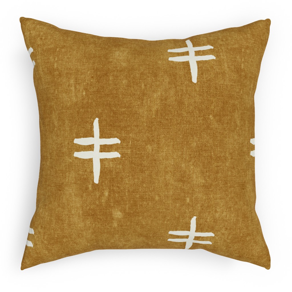 Double Cross Mudcloth Tribal - Mustard Pillow, Woven, Black, 18x18, Single Sided, Brown, Brown