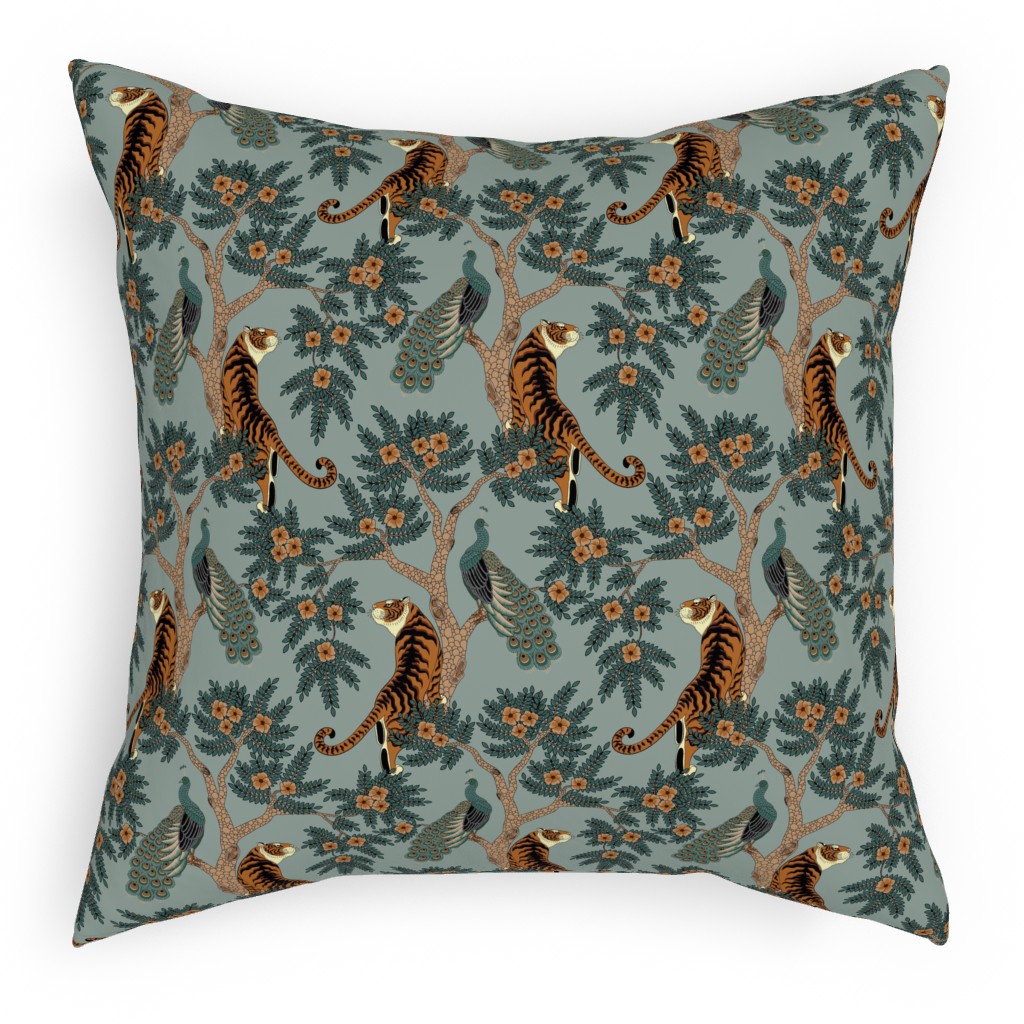 Tiger and Peacock - Blue Pillow, Woven, Black, 18x18, Single Sided, Blue, True Blue
