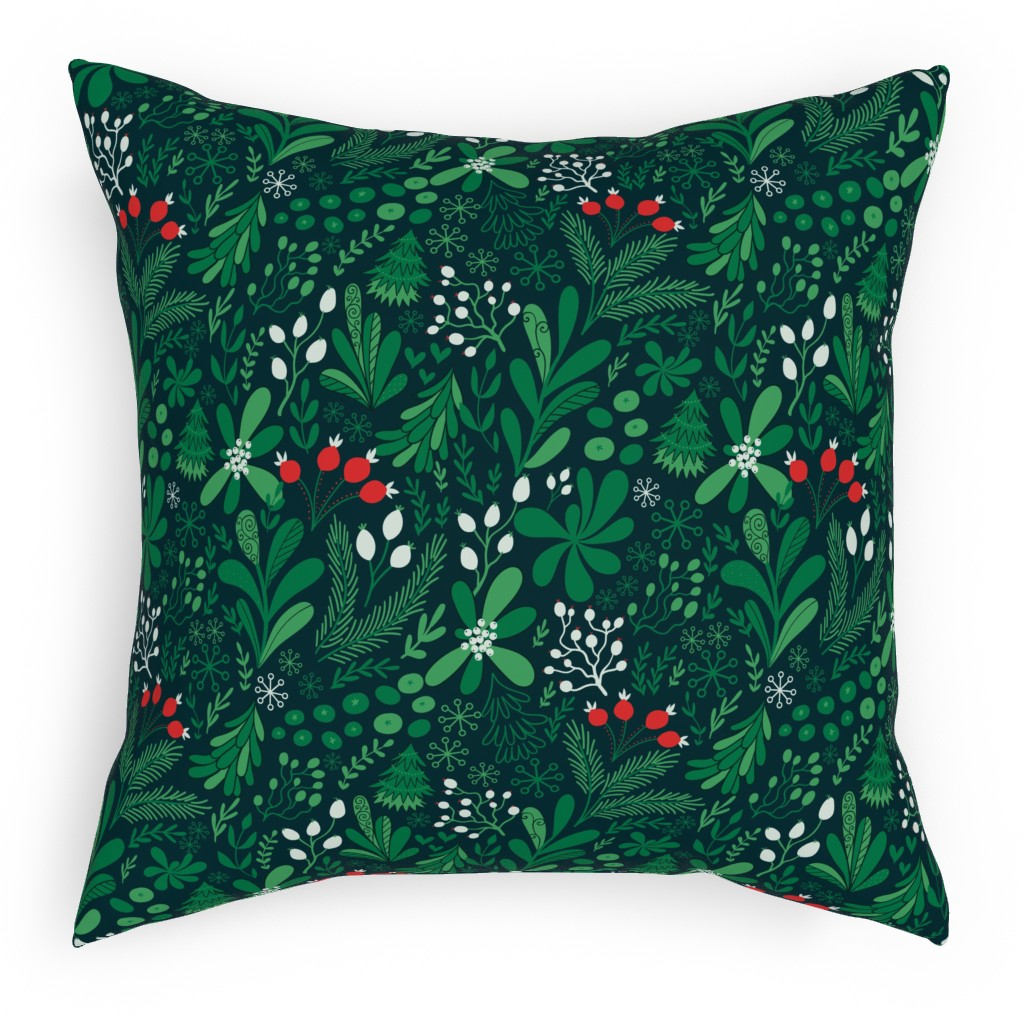 Merry Christmas Botanical - Green Pillow, Woven, Black, 18x18, Single Sided, Green