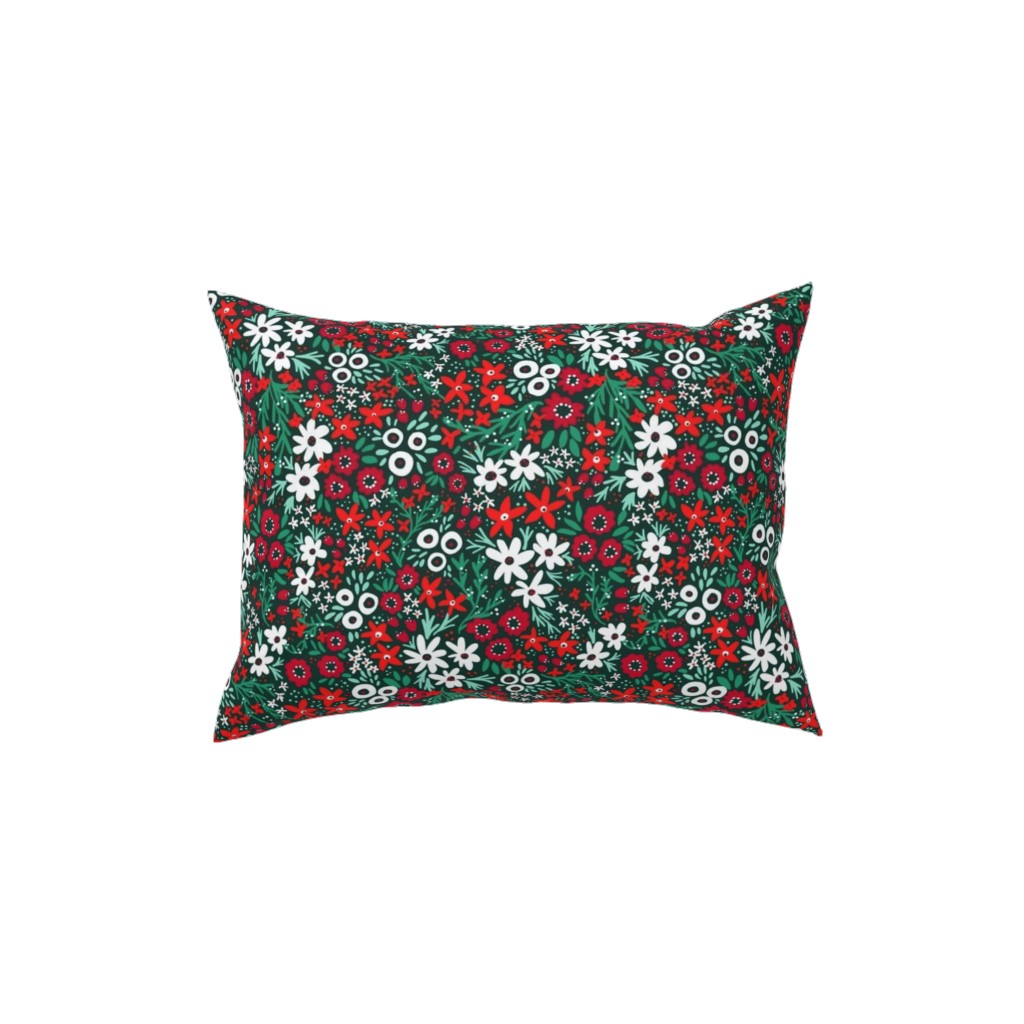 Rustic Floral - Holiday Red and Green Pillow, Woven, Black, 12x16, Single Sided, Green