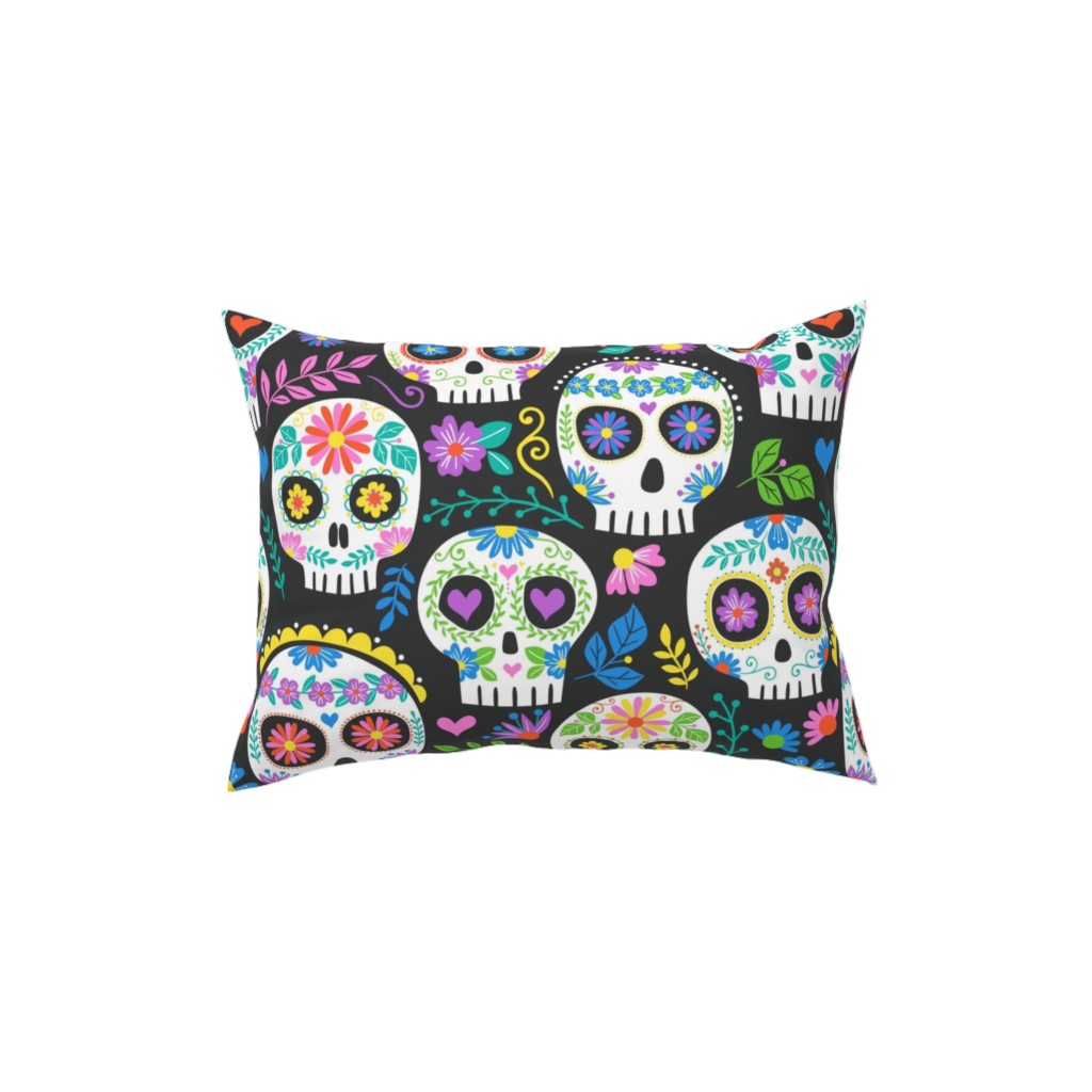 Floral Skull - Multi Pillow, Woven, Black, 12x16, Single Sided, Multicolor
