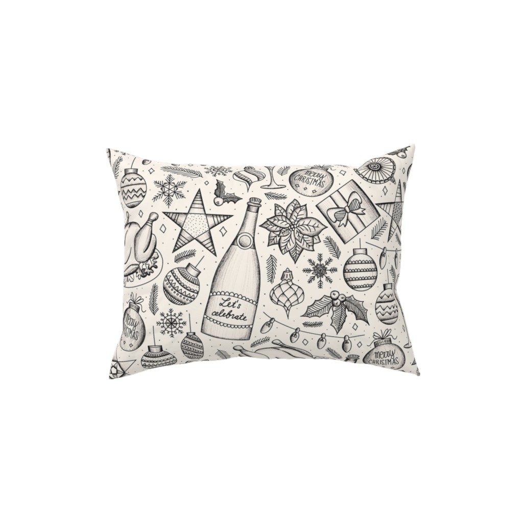 Vintage Christmas Dinner Pillow, Woven, Black, 12x16, Single Sided, Beige, Pearl