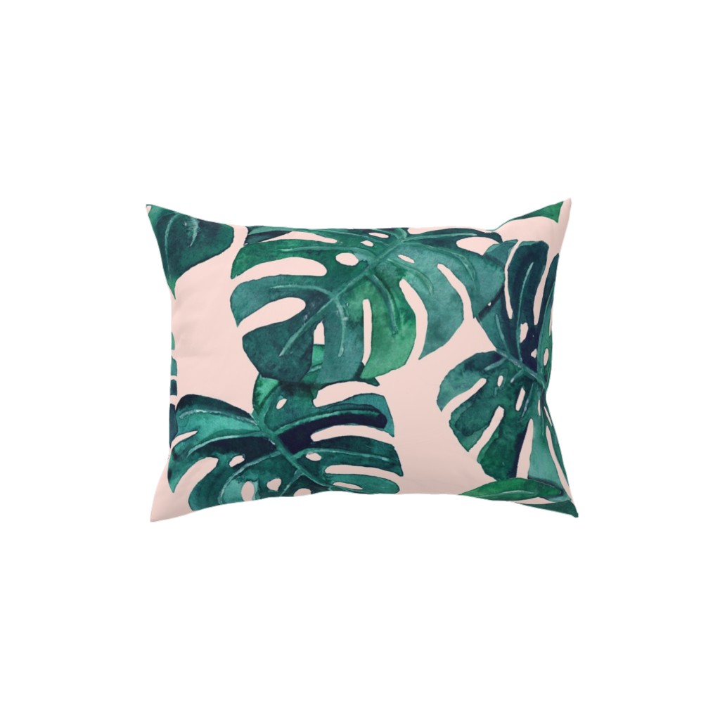 Watercolor Monstera Leaves - Green on Blush Pink Pillow, Woven, Black, 12x16, Single Sided, Green