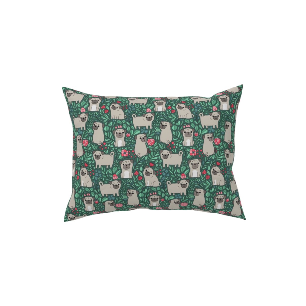 Cute Pugs and Flowers - Multicolor Pillow, Woven, Black, 12x16, Single Sided, Green