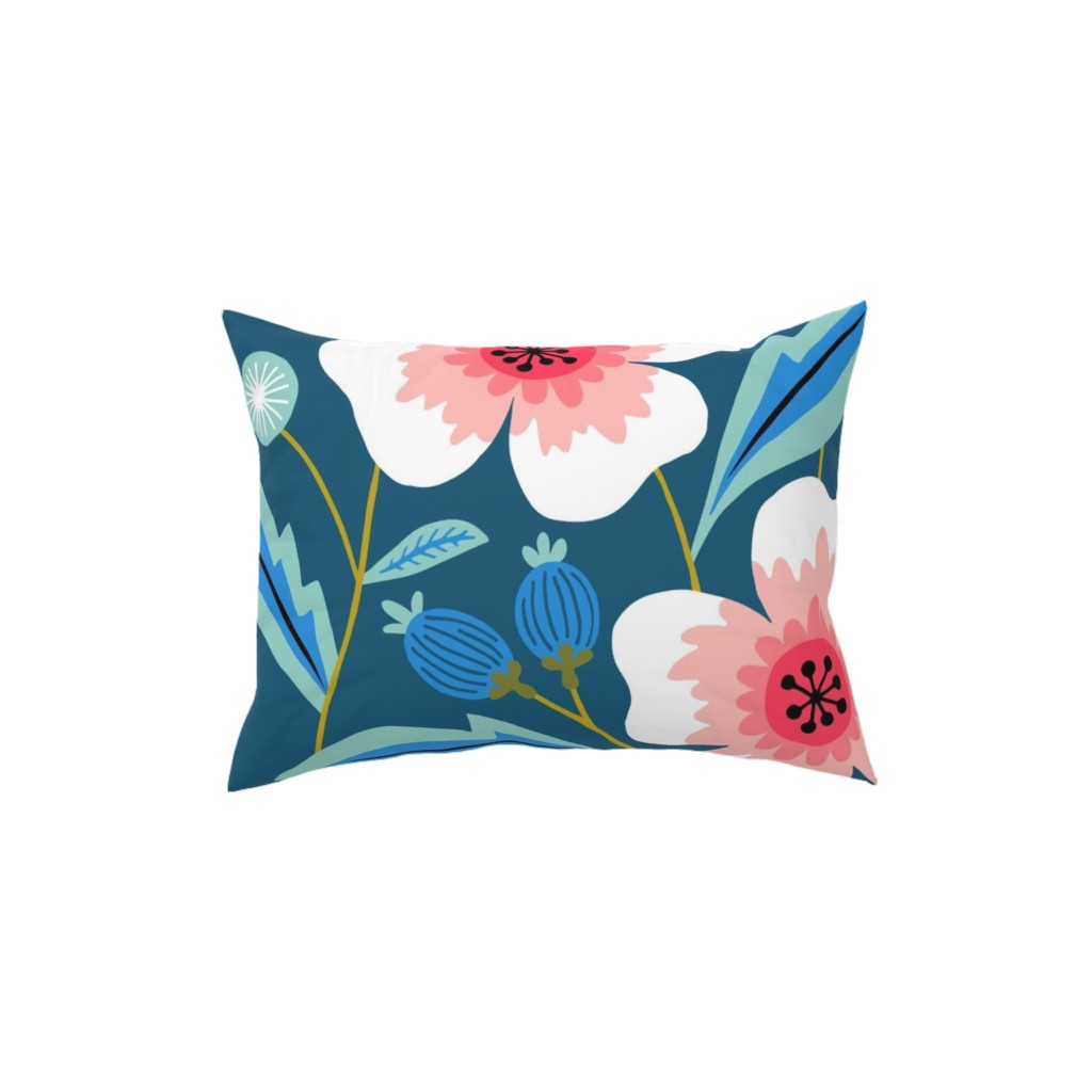 Colorful Spring Flowers - Pink on Blue Pillow, Woven, Black, 12x16, Single Sided, Green