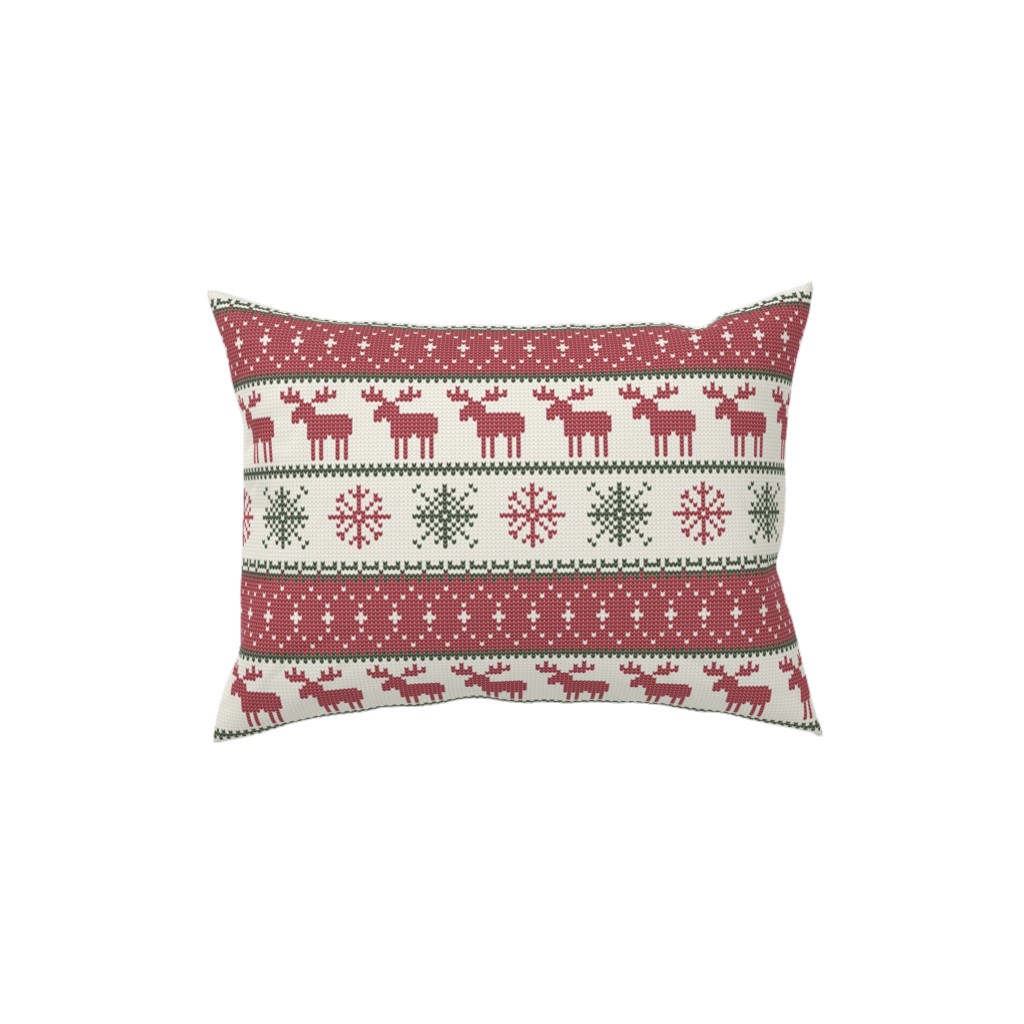 Fair Isle Moose - Red, Green and Cream Pillow, Woven, Black, 12x16, Single Sided, Multicolor