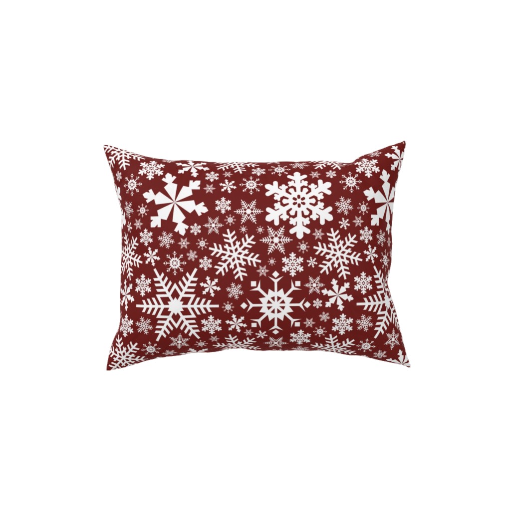 Christmas White Snowflakes on Red Background Pillow, Woven, Black, 12x16, Single Sided, Red
