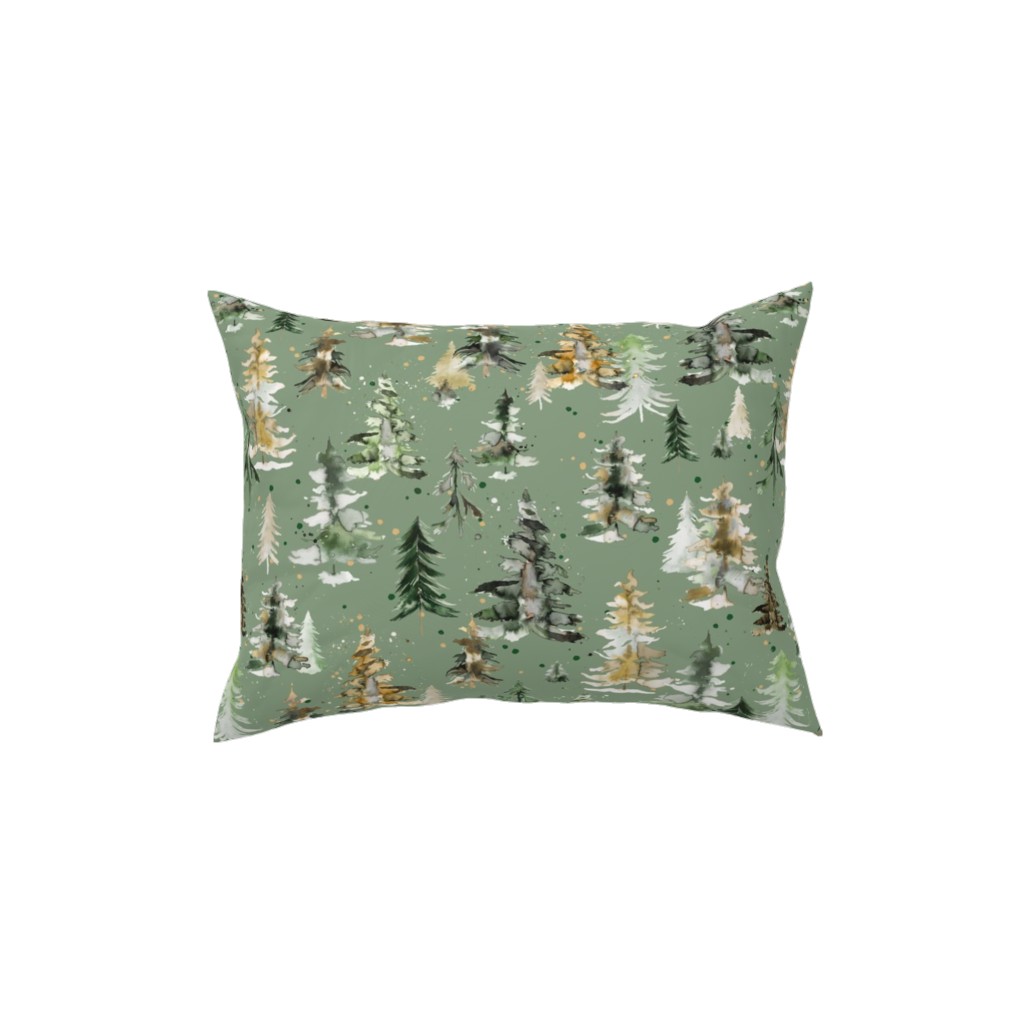 Watercolor Pines and Spruces Christmas - Green Pillow, Woven, Beige, 12x16, Single Sided, Green