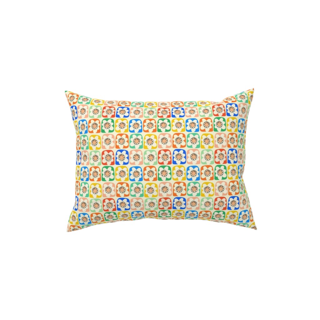 Abstract Retro Flower Doodle Squares - Multi Pillow, Woven, Beige, 12x16, Single Sided, Multicolor