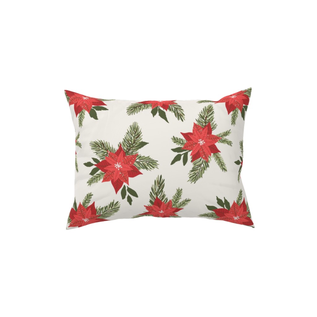 Red Poinsettia Christmas Flowers Pillow, Woven, Beige, 12x16, Single Sided, Red