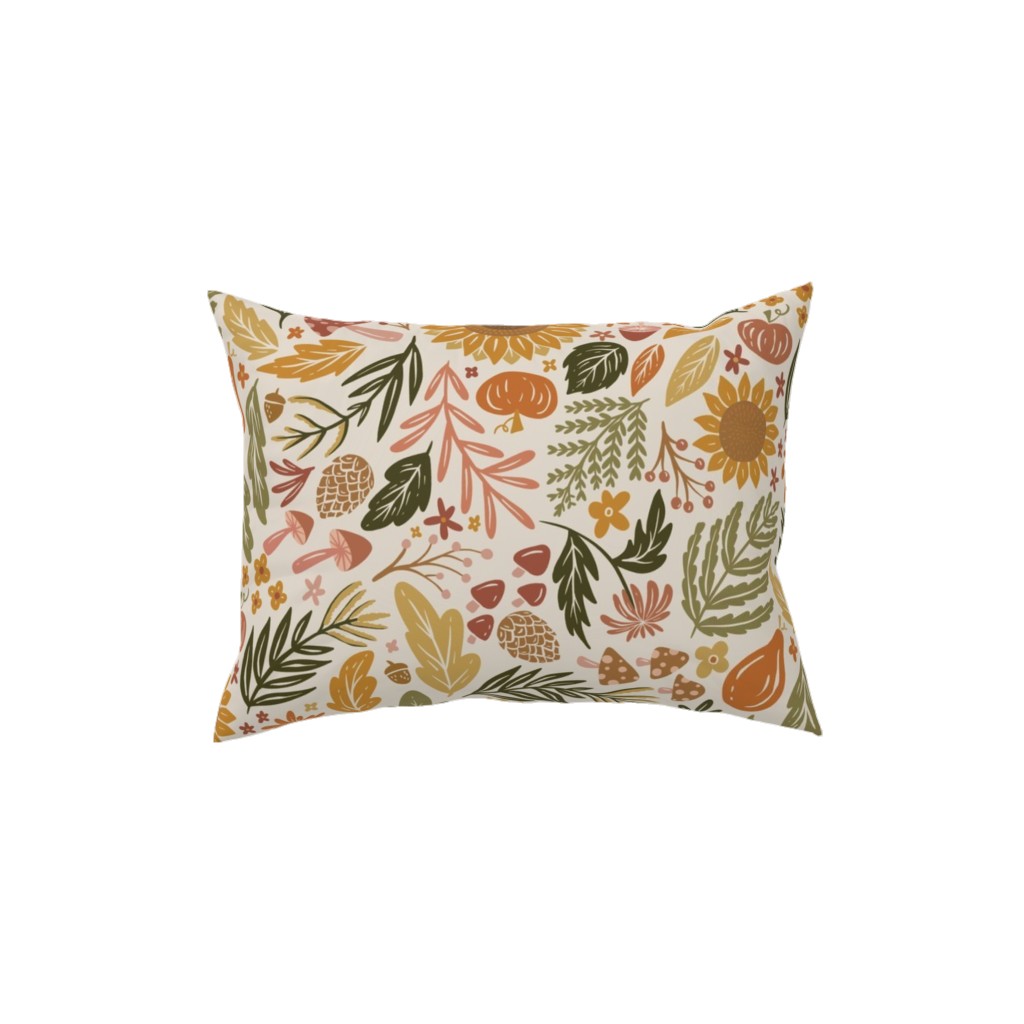 Autumn Botanicals - Leaves, Acorns, Sunflowers, Ferns, Mums, Pinecones, Mushrooms - Light Pillow, Woven, Beige, 12x16, Single Sided, Multicolor