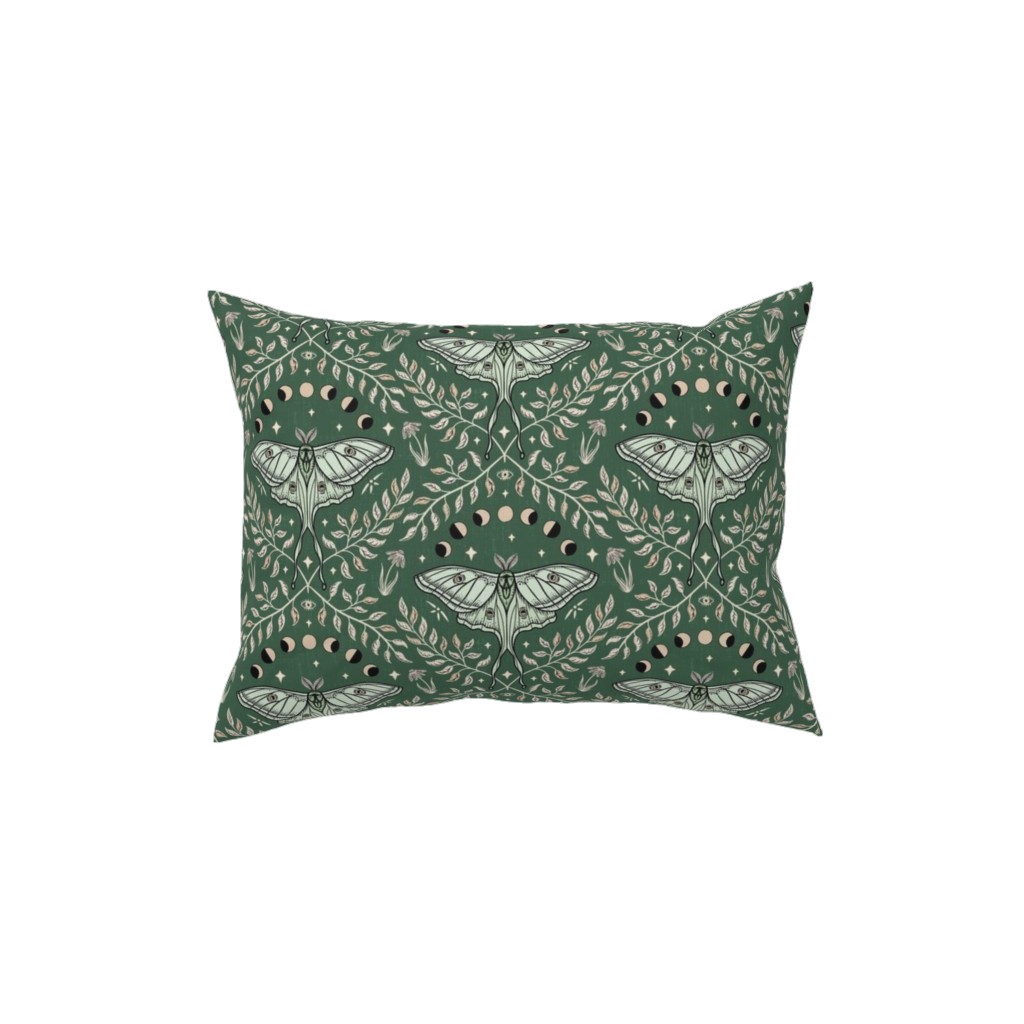 Luna Moths Damask With Moon Phases - Green Pillow, Woven, Beige, 12x16, Single Sided, Green
